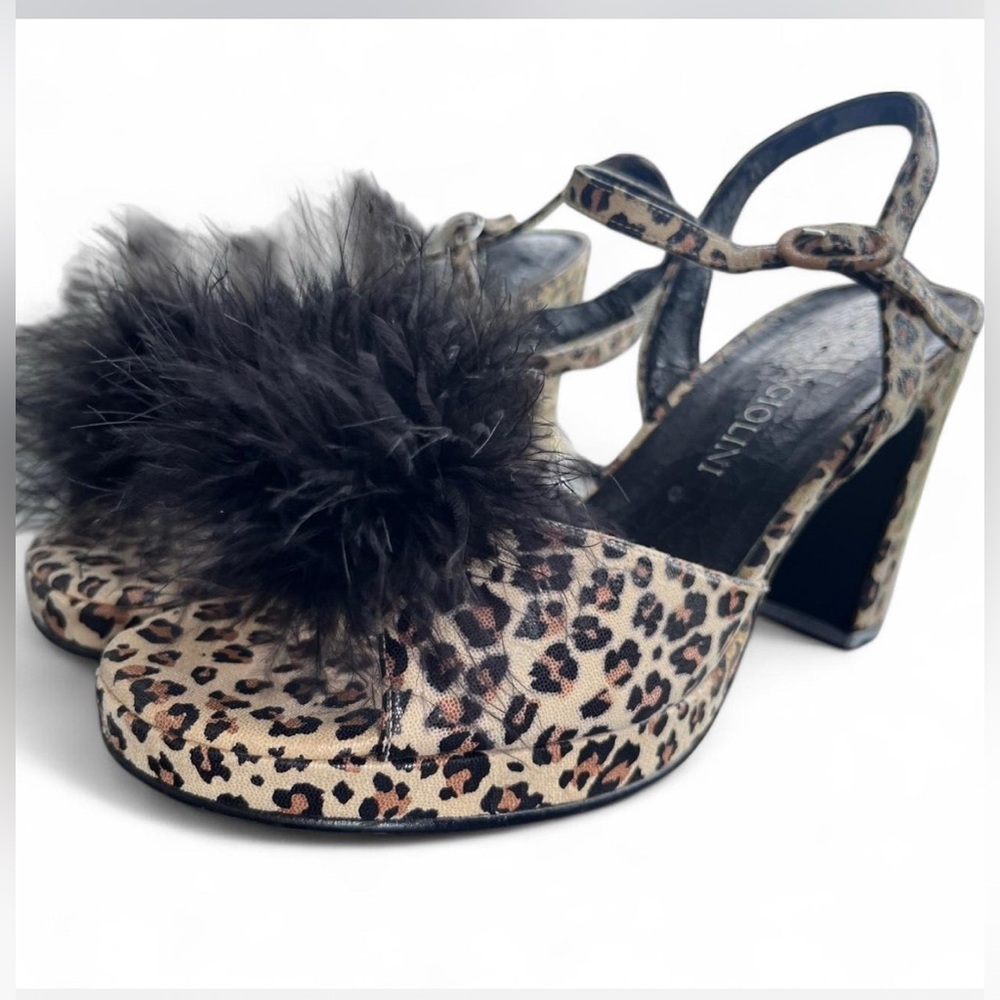 Vintage Enzo Angiolini Leopard & Feather Peeptoe Platform Heels
